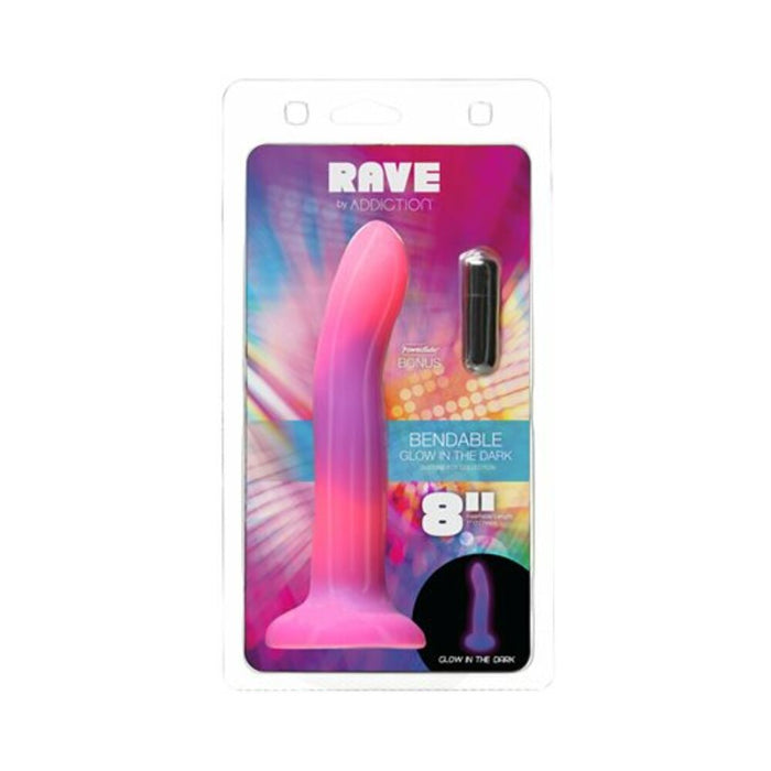 Addiction Rave Bendable 8 in. Silicone Dildo Glow in the Dark Pink Purple