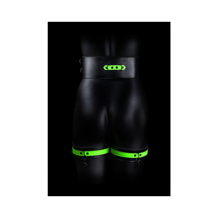 Ouch! Glow in the Dark 5-Piece Bonded Leather Thigh & Handcuffs With Belt Restraint Neon Green L/XL