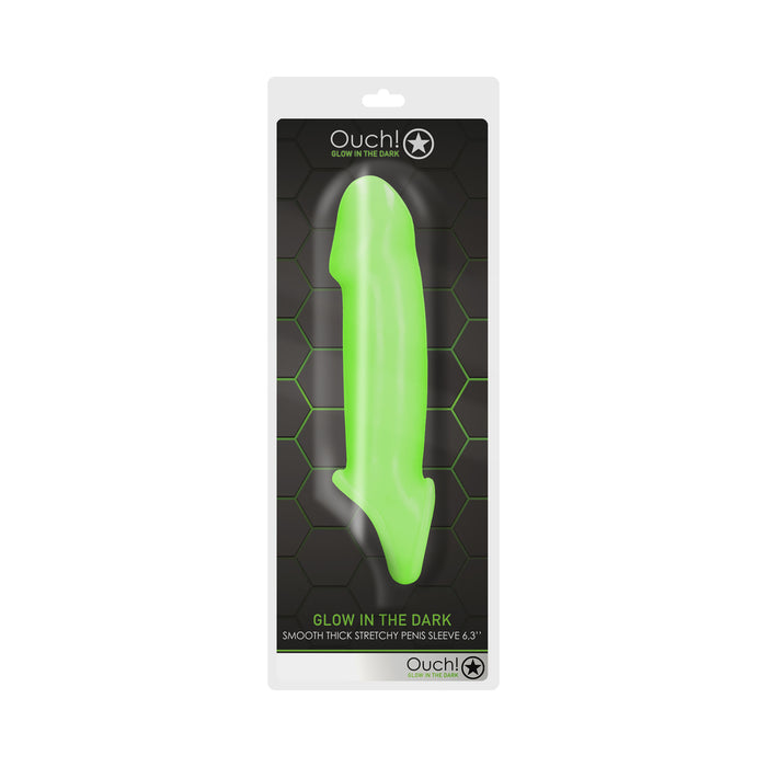 Ouch! Glow in the Dark Smooth Thick Stretchy 6.3 in. Penis Sleeve with Foreskin Details Neon Green