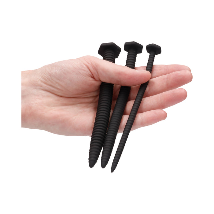 Ouch! Urethral Sounding Textured Silicone Screw Plug Set Black 9 mm / 13 mm / 16.5 mm
