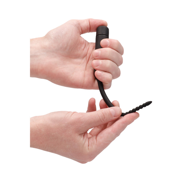 Ouch! Urethral Sounding Silicone Vibrating Bullet Plug With Beaded Tip Black 5.5 mm - 7 mm