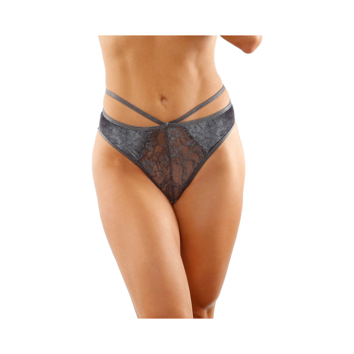 Kalina Velvet Strappy Cut-Out Thong With Keyhole Back Gray S/M