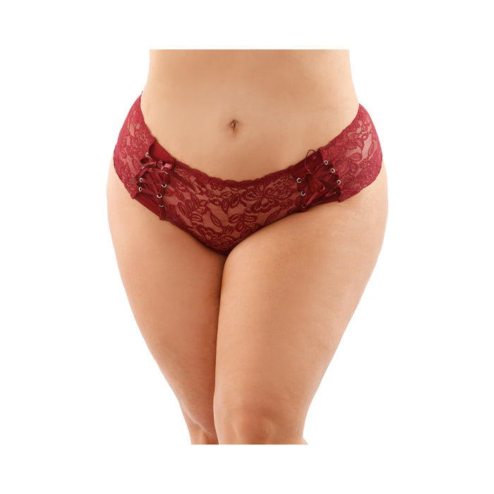 Magnolia Crotchless Lace Boyshort With Lace-Up Panel Details Garnet Queen