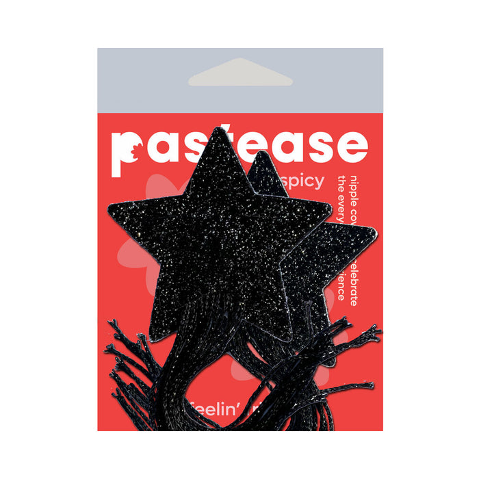 Tassel Pasties: Black Sparkle Star Pastease with Long Fringe Nipple Pasties