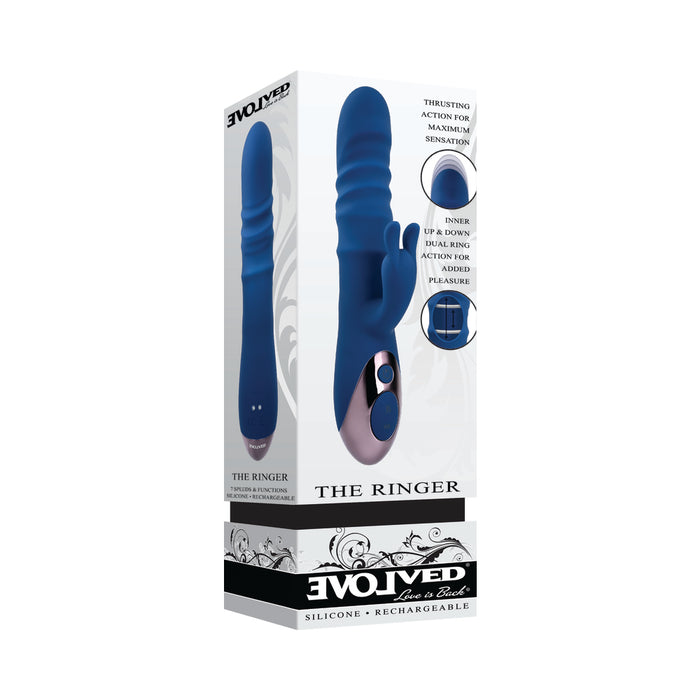 Evolved The Ringer Rechargeable Thrusting Silicone Rabbit Vibrator Blue