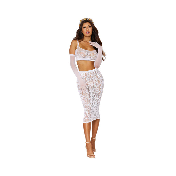 Dreamgirl Lace Fishnet Bralette & Slip Skirt White O/S