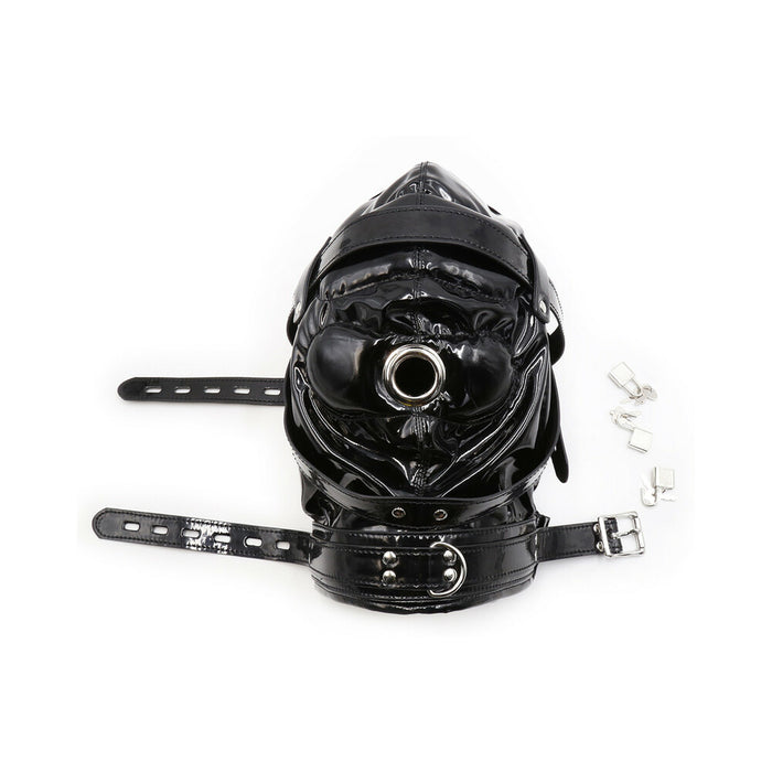 Ple'sur Shiny Pleather Locking Deprivation Hood With Single Nose Hole Black Bag Packaging