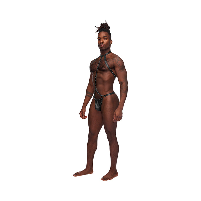 Male Power Fetish Gladiator High-Neck Strappy Body Harness Black S/M