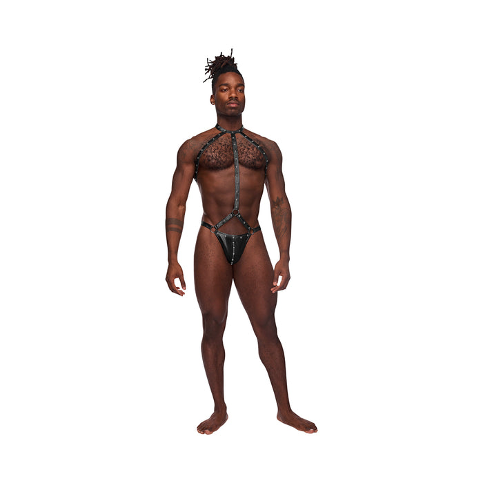 Male Power Fetish Gladiator High-Neck Strappy Body Harness Black L/XL