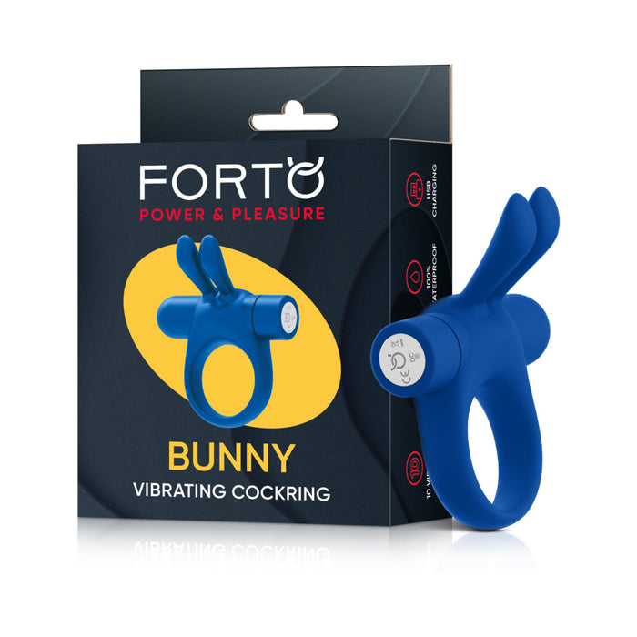 Forto Bunny Rechargeable Silicone Vibrating Cockring with Stimulating Ears Blue