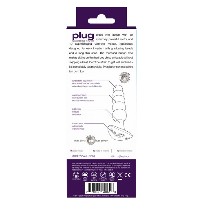 VeDO Plug Rechargeable Silicone Vibrating Anal Plug Purple
