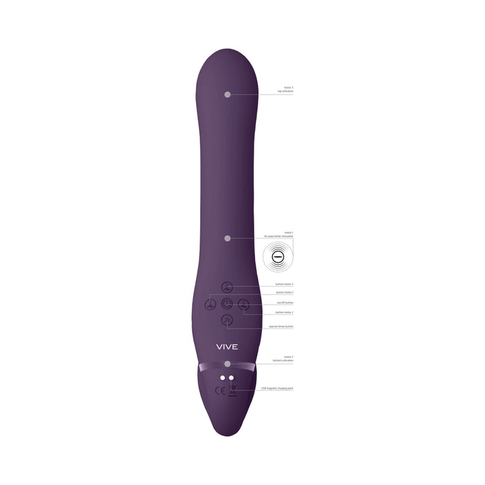 VIVE AI Rechargeable Dual Vibrating & Air Wave Tickler Silicone Strapless Strapon Purple