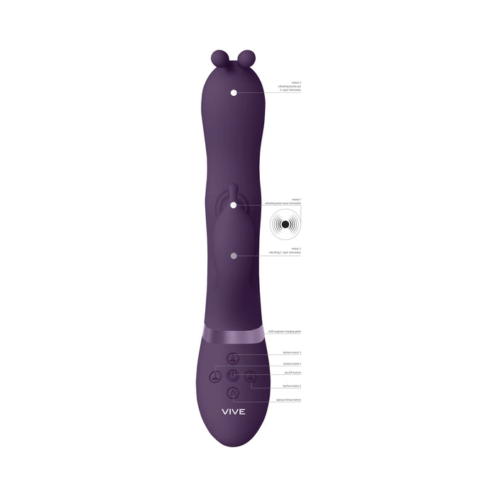 VIVE GADA Rechargeable Vibrating Silicone Bunny Ear G-Spot Rabbit with Pulse Wave Shaft Purple