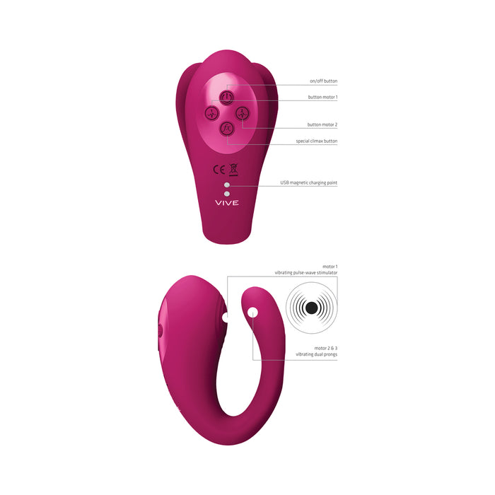 VIVE YOKO Rechargeable Triple Action Silicone Vibrator Dual Prongs with Clitoral Pulse Wave Pink