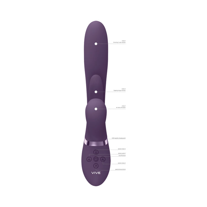 VIVE ENA Rechargeable Thrusting Silicone G-Spot Vibrator with Flapping Tongue and Air Wave Stimulator Purple