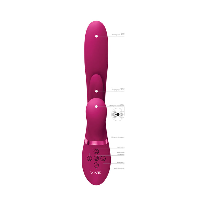 VIVE KURA Rechargeable Thrusting Silicone G-Spot Vibrator with Flapping Tongue and Pulse Wave Stimulator Pink