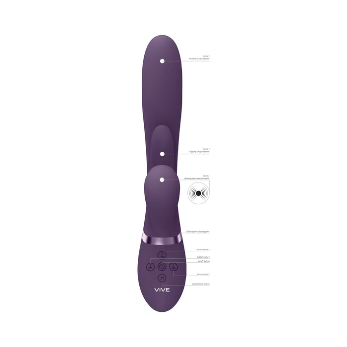 VIVE KURA Rechargeable Thrusting Silicone G-Spot Vibrator with Flapping Tongue and Pulse Wave Stimulator Purple
