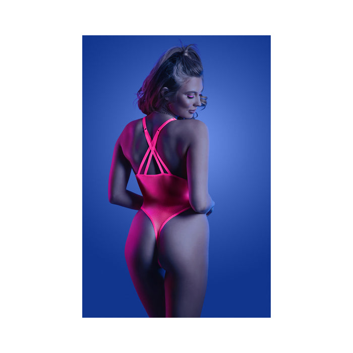 Fantasy Lingerie Glow Electric Haze Criss Cross Back Teddy with Snap Closure Neon Pink M/L
