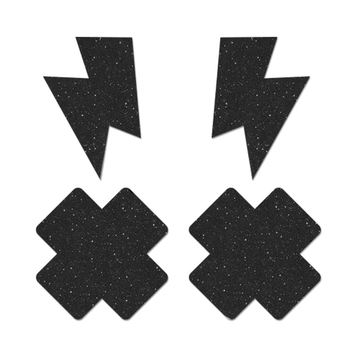 Fantasy Lingerie Black Glitter 2-Pair Pasties Set Lightning Bolt & Cross Shapes O/S