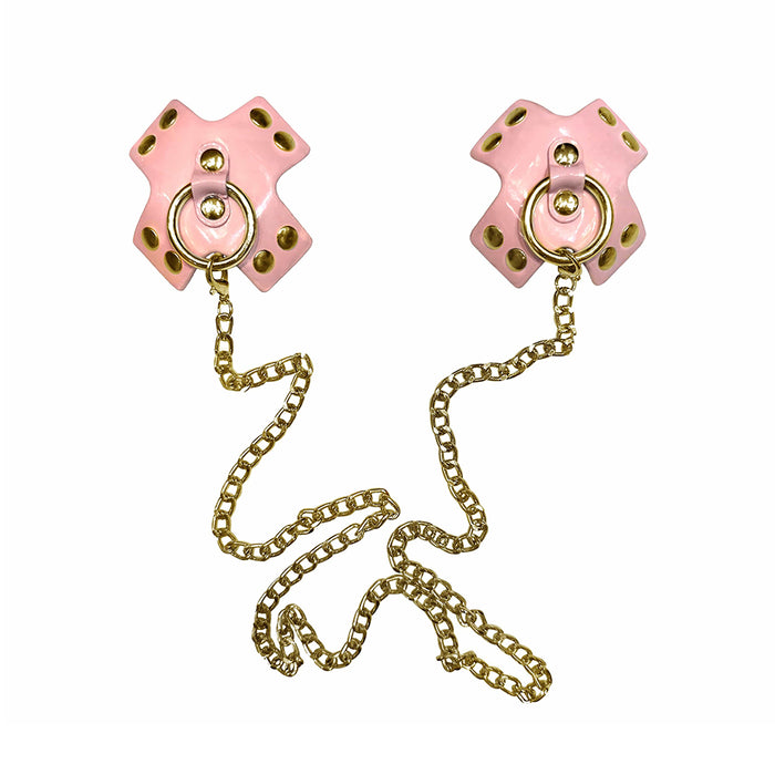 Neva Nude Pierced 'N Punked Pink Leather Gold Chain Reusable Silicone Nipple Cover Pasties