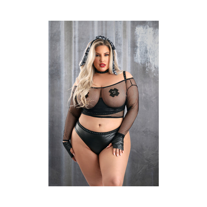 Fantasy Lingerie Play Easy Rider Open Cup Bra, Long Sleeve Fishnet Top, Panty, Choker, Gloves, Bandana & 1 pair of Pasties Costume 3XL/4XL